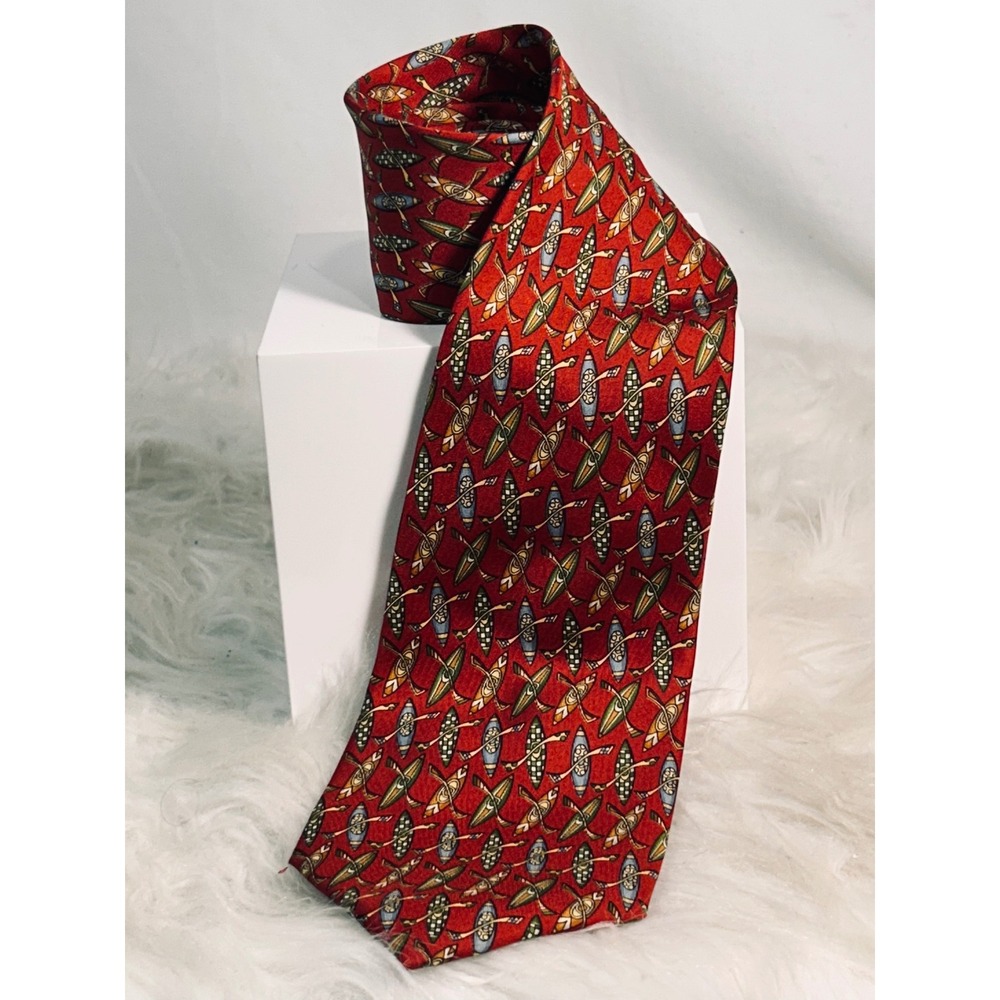 Salvatore Ferragamo Mens Silk Tie Red Canoe Paddle Nautical Print Made in Italy